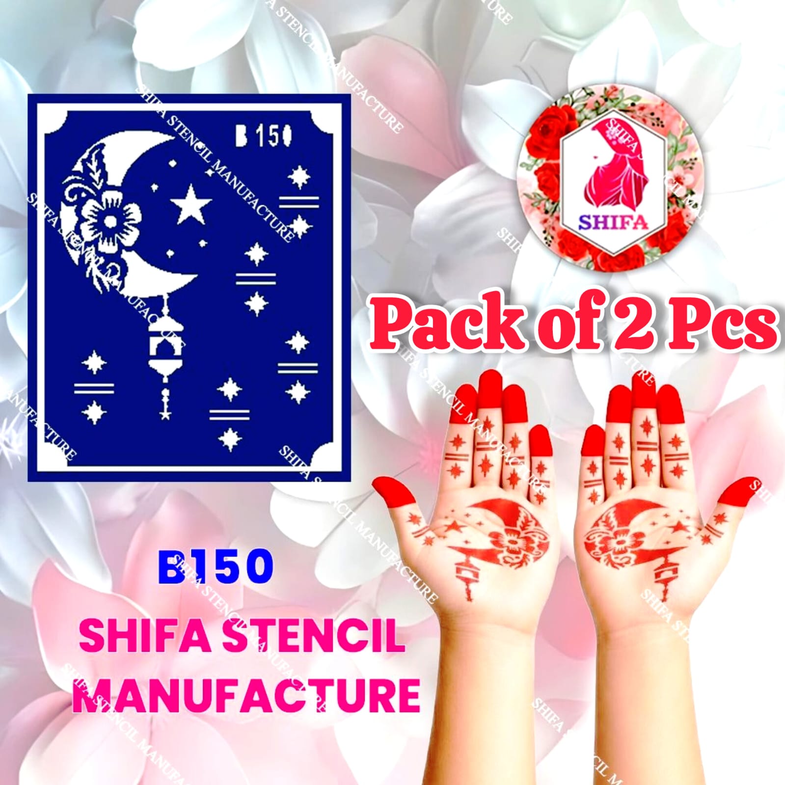 B150 (age 5 to 10) Celestial Blossom Glow Double Hand Henna Stencil - Shifa Stencil